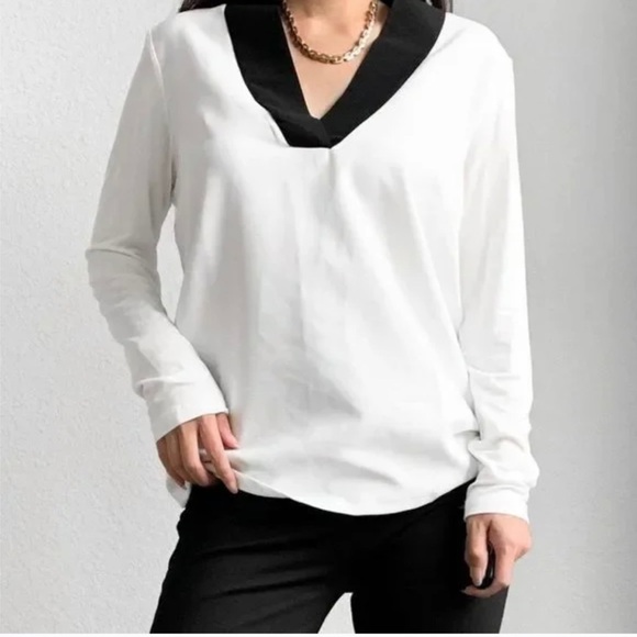 Mango Tops - Nwt Mango White Black Long Sleeve VNeck Blouse Knit Top sz small
